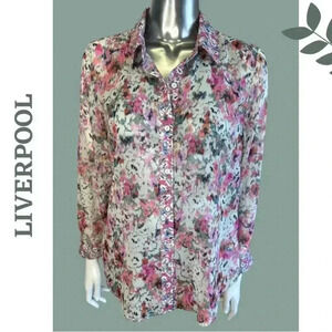Liverpool Lightweight Floral Button Down Shirt Collar White Pink Size XS